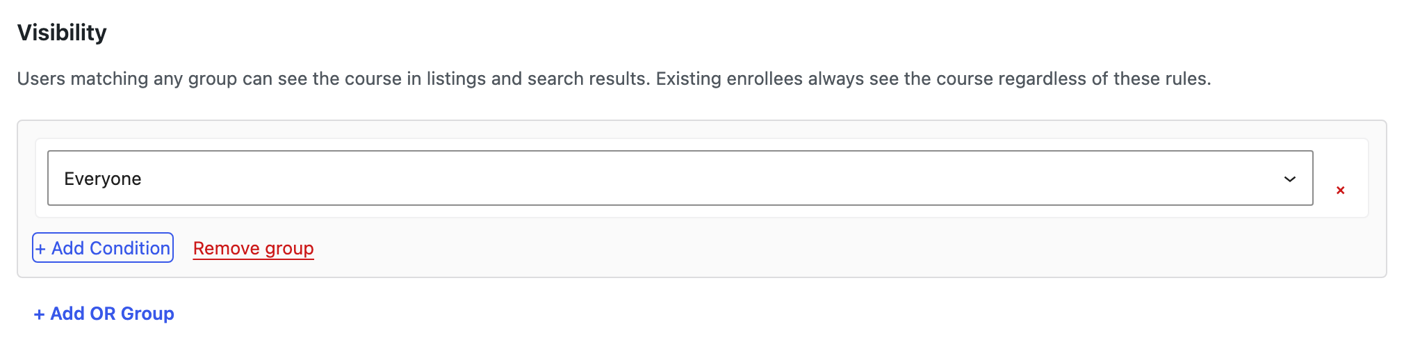 A visibility rule with one condition group containing a single condition