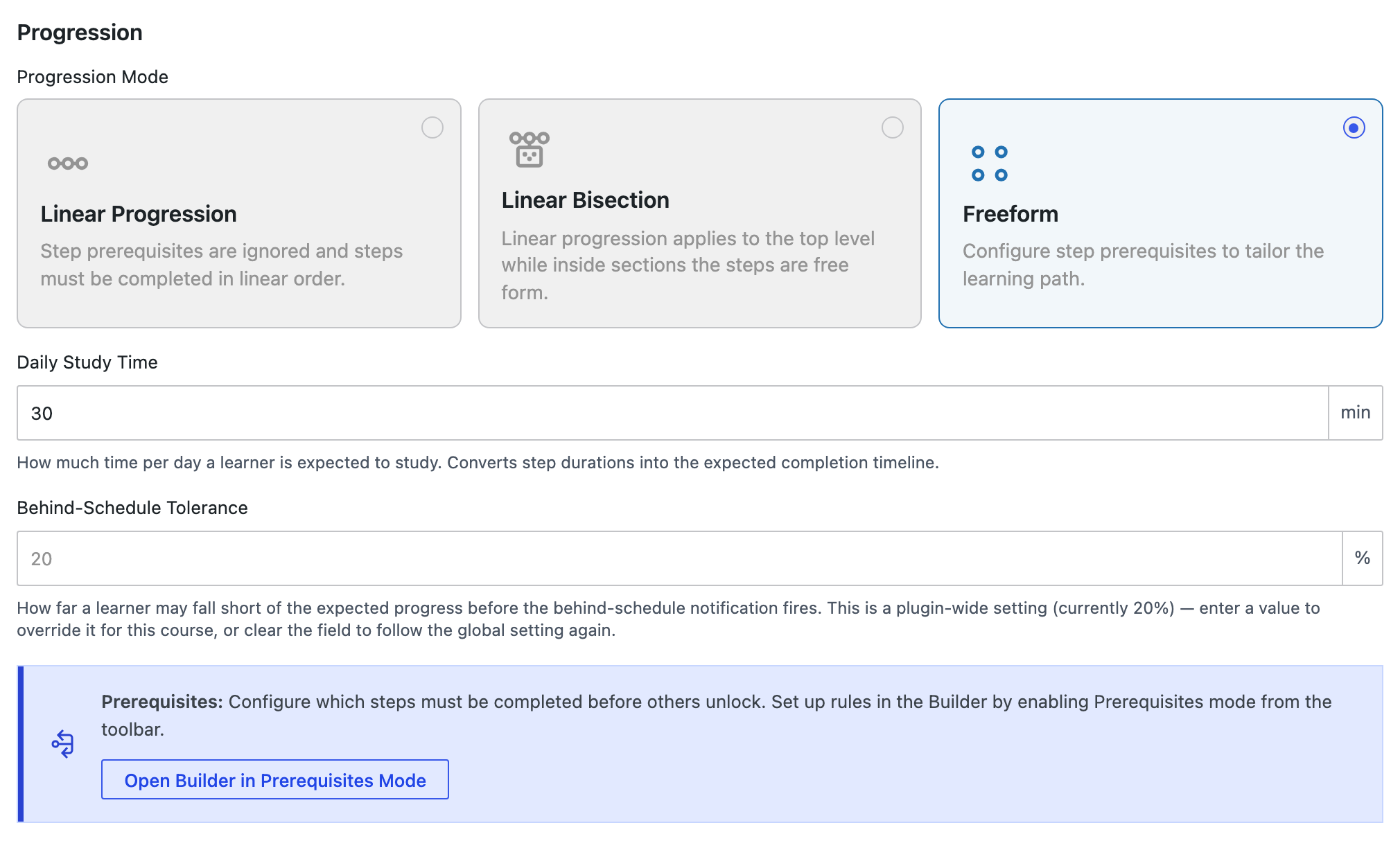 The Progression section, with Freeform selected and the prerequisites notice showing