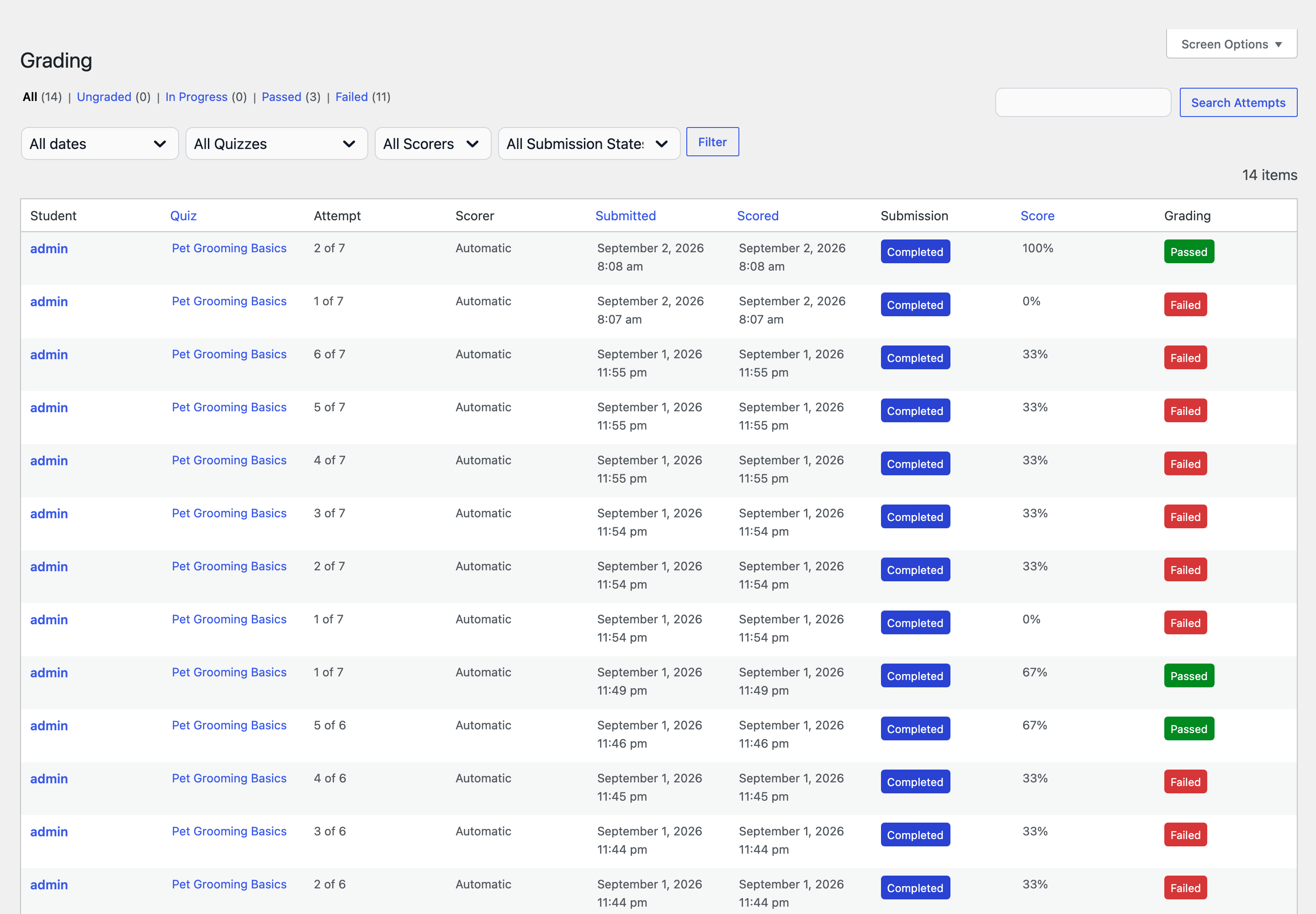 The Grading listing in WP Admin, with status views, filters, and a table of attempts
