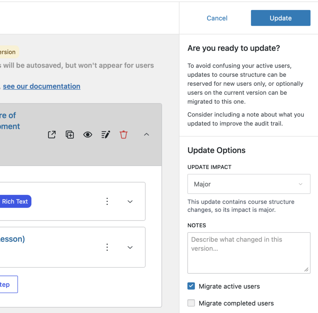 The pre-publish panel with version and notes options