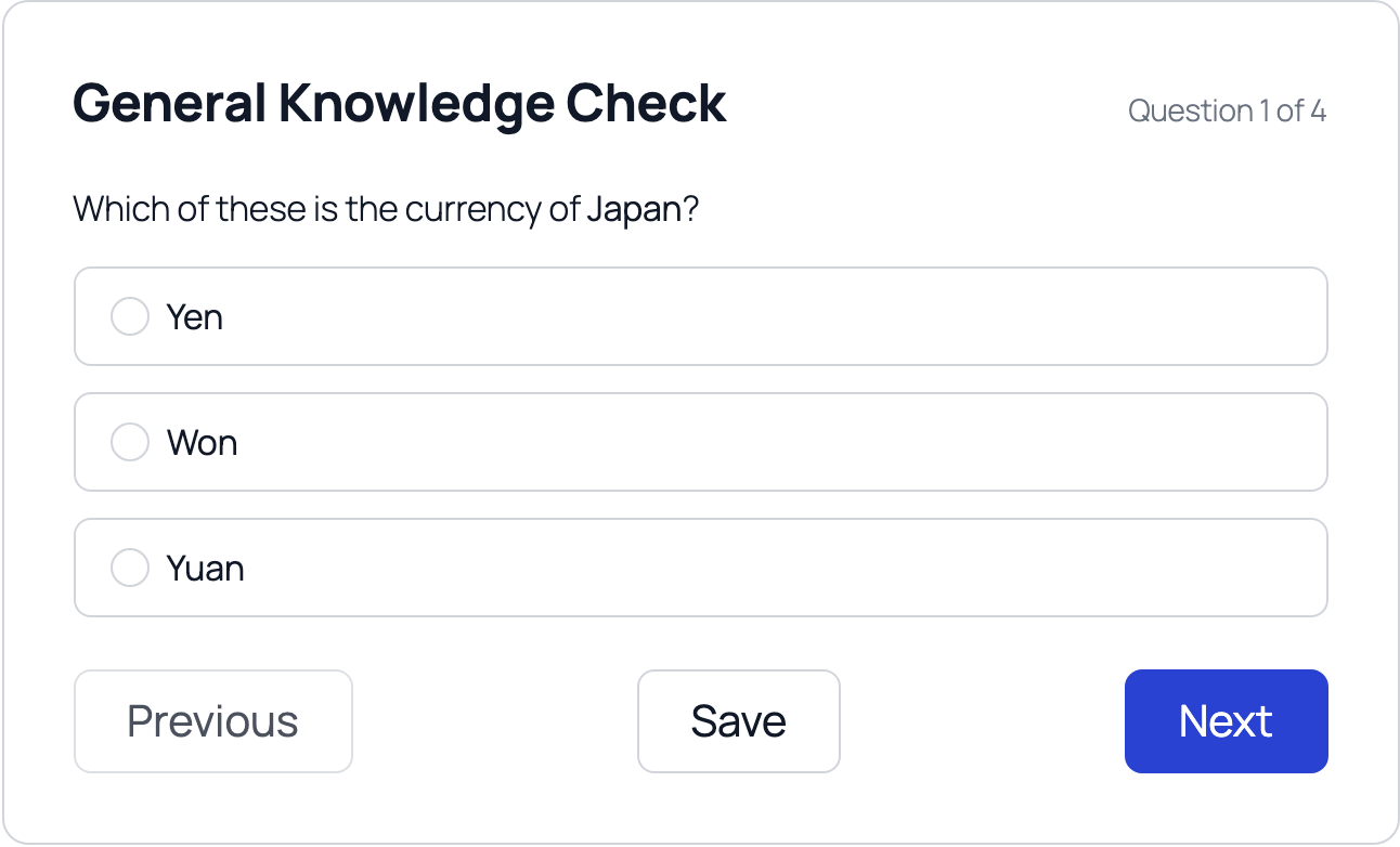 The quiz player showing a question with its answer options and the Previous, Save, and Next controls