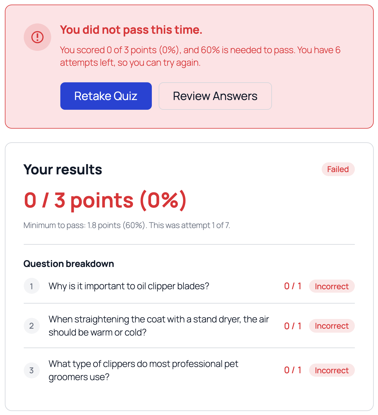 The result view after failing, with a Retake Quiz button and incorrect questions marked in the breakdown