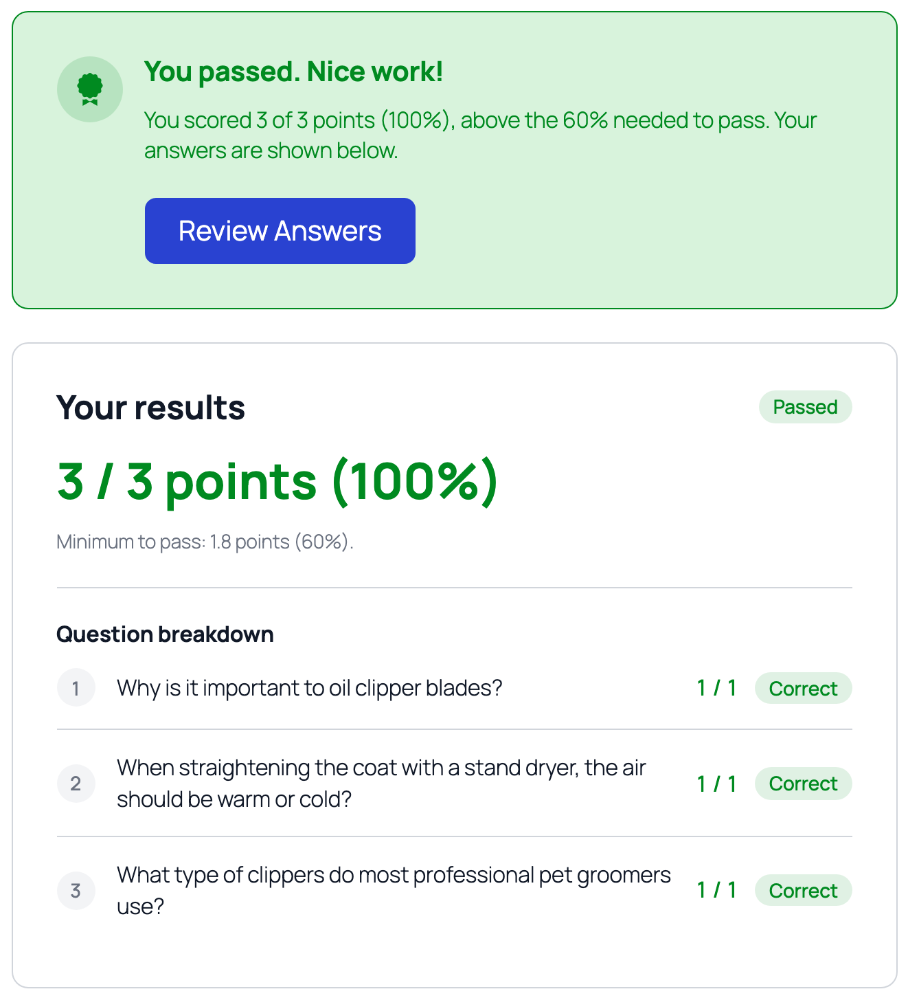 The result view after passing, with a status banner, the score, and a per-question breakdown