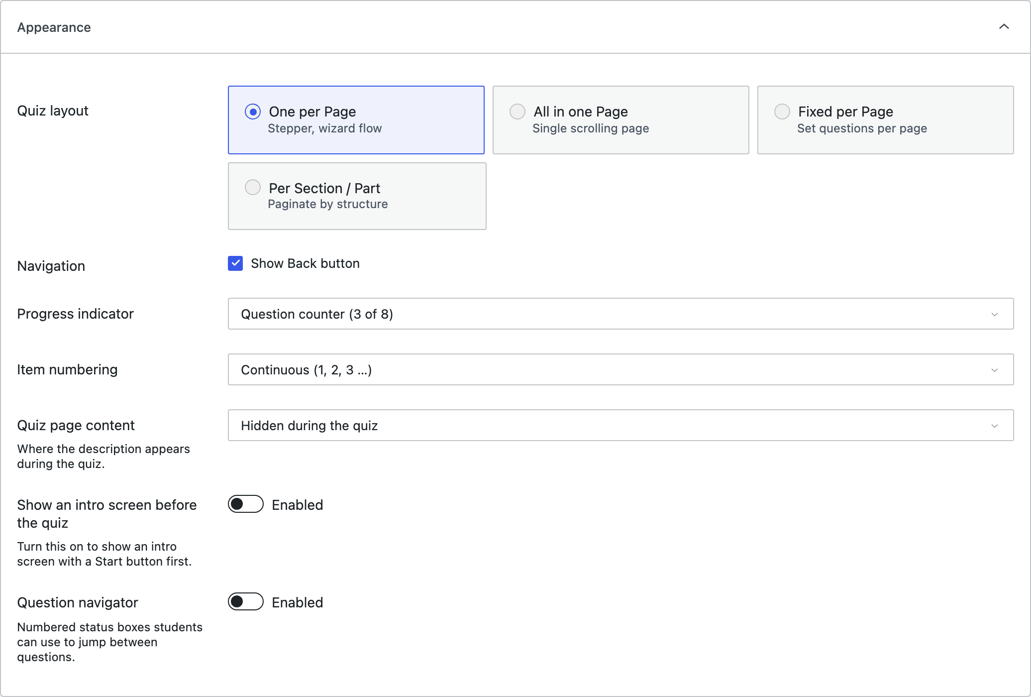 The Appearance section with quiz layout options, navigation, progress indicator, and numbering