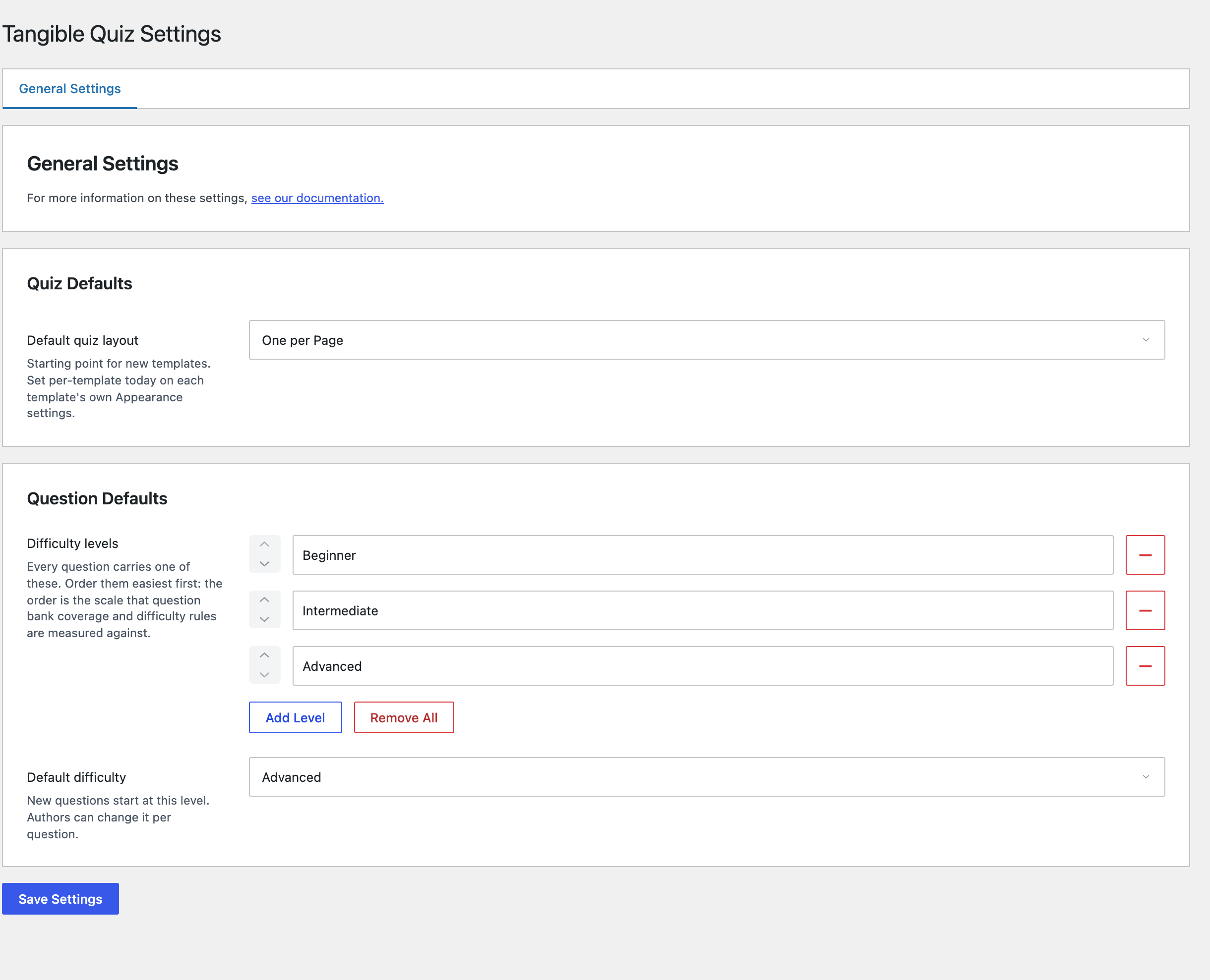 The Tangible Quiz settings page showing quiz defaults and question defaults