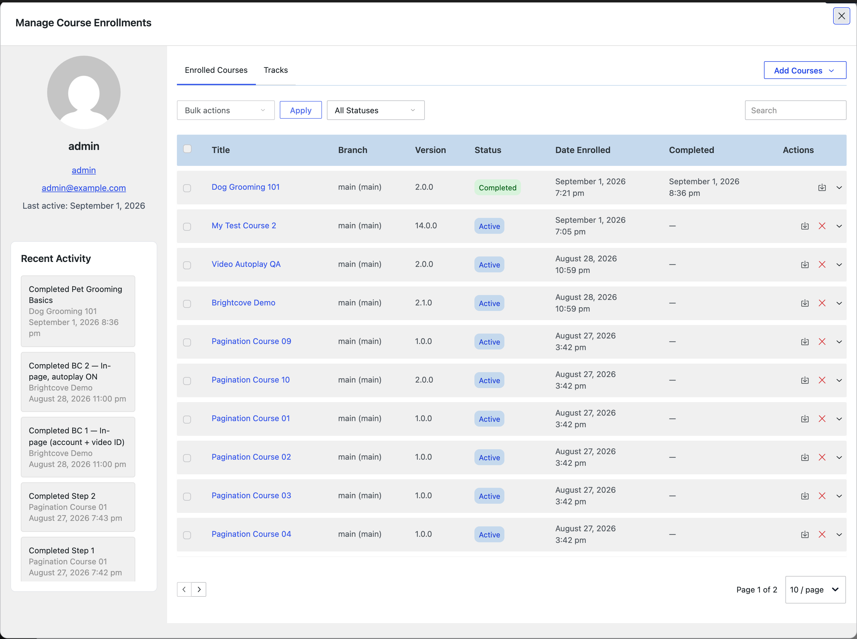 The Manage Course Enrollments screen, showing the user summary, recent activity, and their enrolled courses
